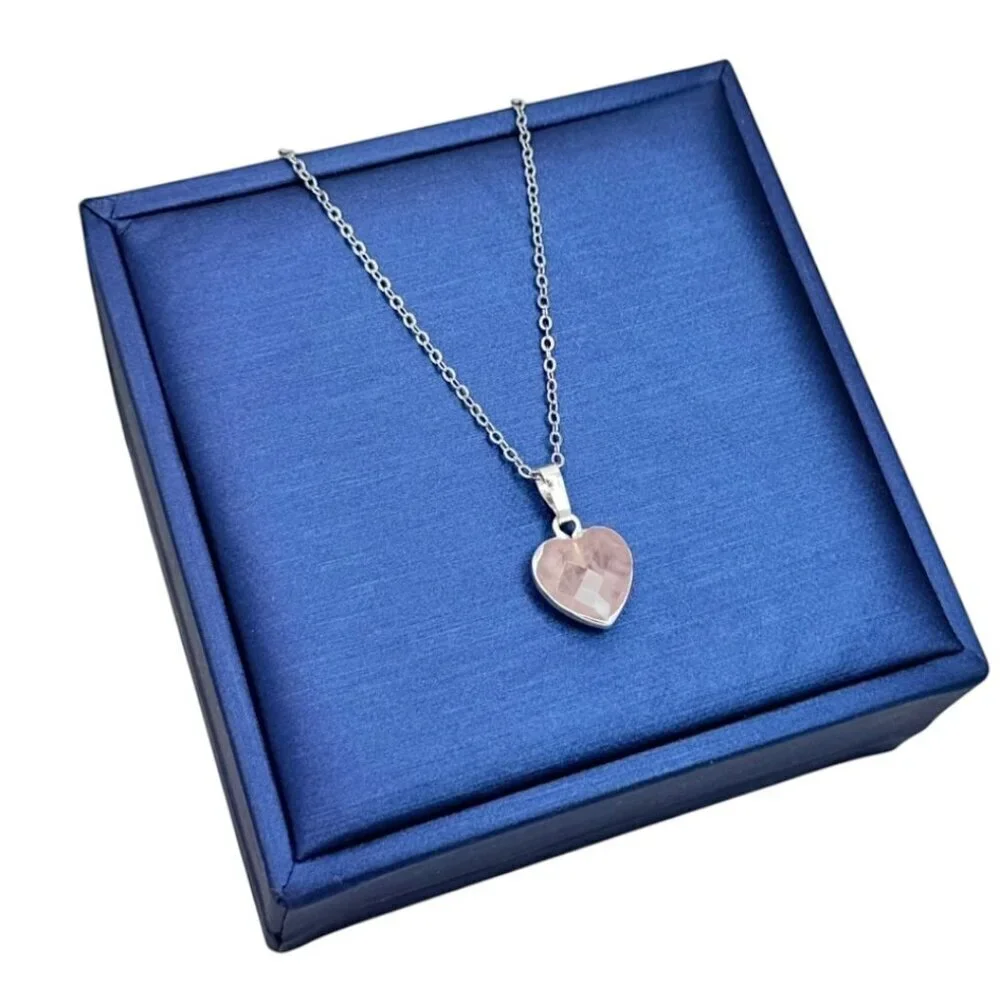 New Rose Quartz Heart Pendant Necklace 925 Silver Gemstone Dainty Romantic